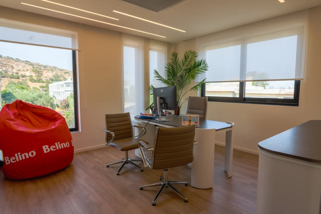 Meeting room at the Interelka offices with a Belino bean bag and a view of the hills