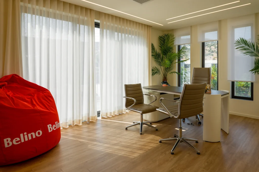 Meeting area at the Interelka offices, with curtains and a Belino bean bag