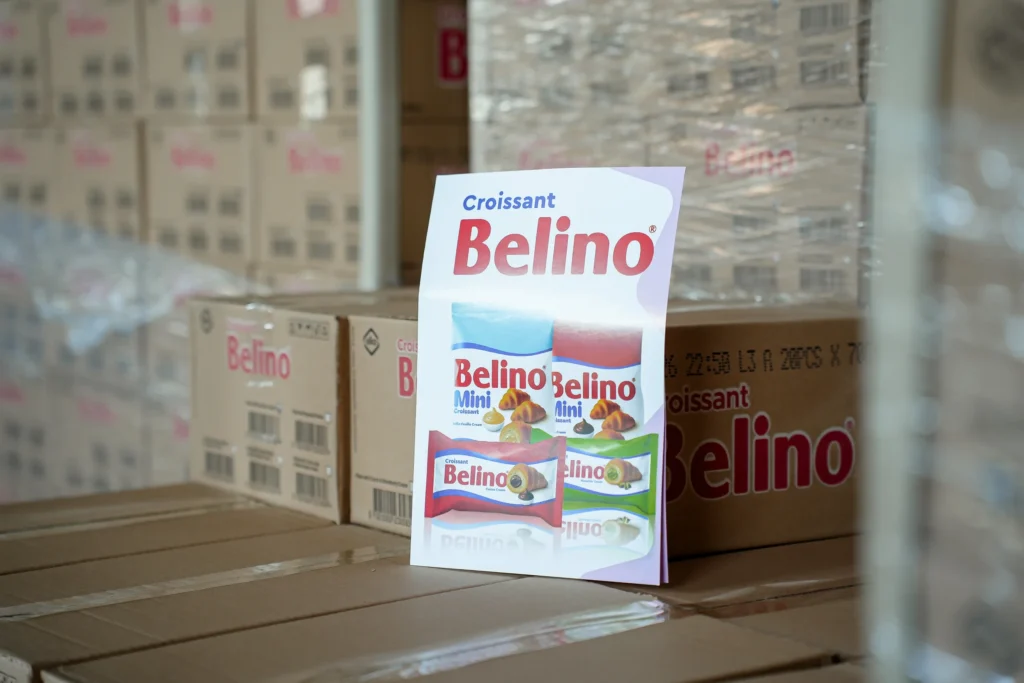 Belino croissant standee on pallets in the Interelka warehouse